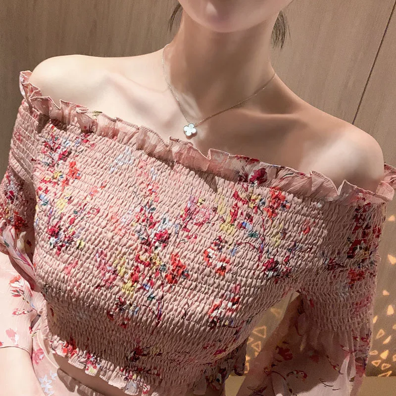 

2020 Summer Casual Modis Streetwear Two Piece Set for Women Slash Neck Floral Blouse and Pink Wide Legge Pant Ladies 2 Piece Set