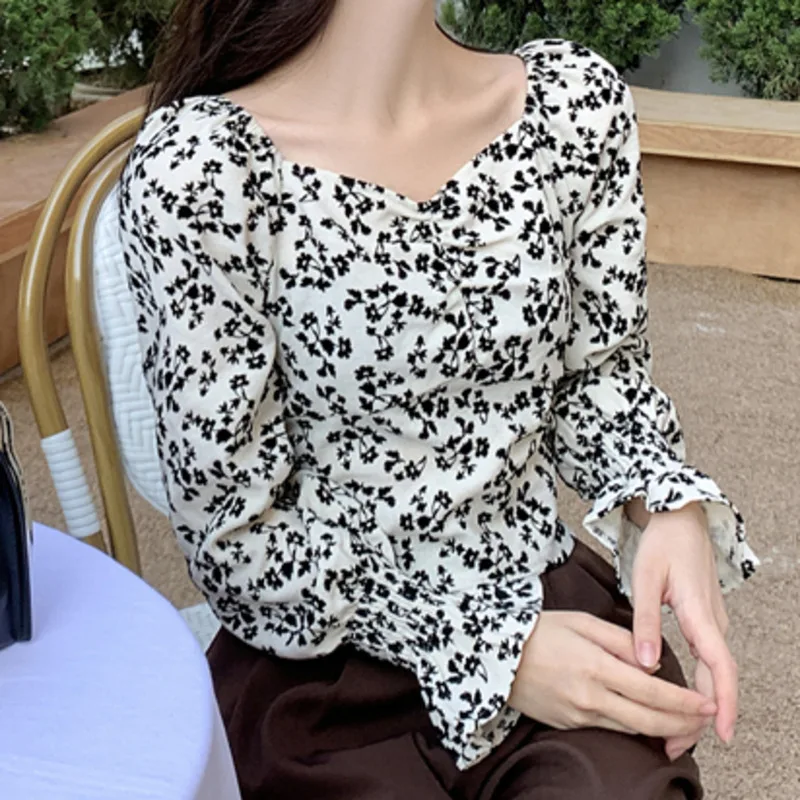 

Women Blouse Floral Printed Square Collar Ladies Tops Blusas Feminine Spring Autumn 2021 Women's Blouses Shirts Camisas De Mujer