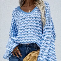striped v neck knitted pullover womens puff sleeve sweater elegant stitching long sleeved sweaters female 2021 autumn winter new