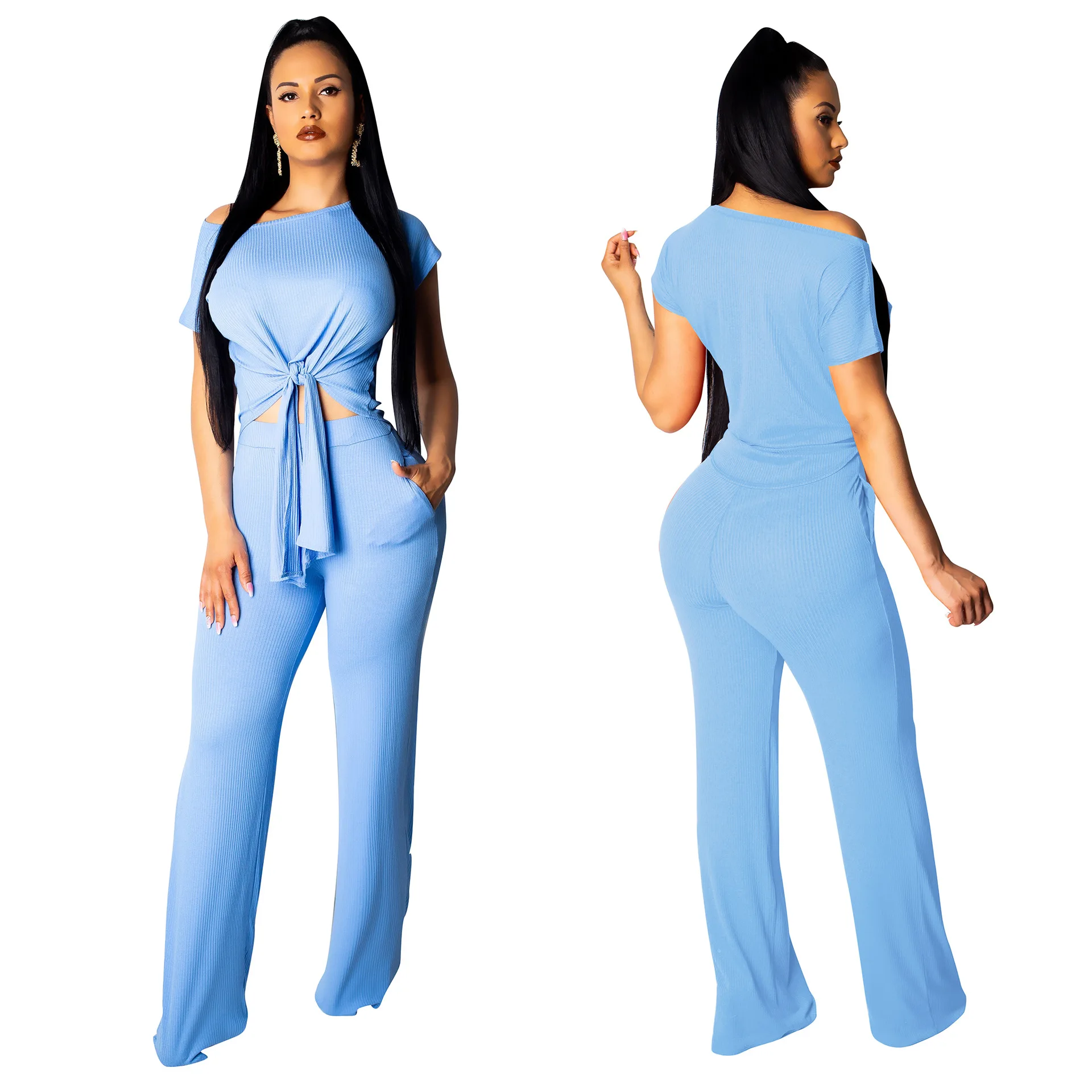 New women Summer knitted short sleeve Bandage crop tops sweater T-shirt +Wide leg Long patns Set suit 2 piece outfits for | Женская