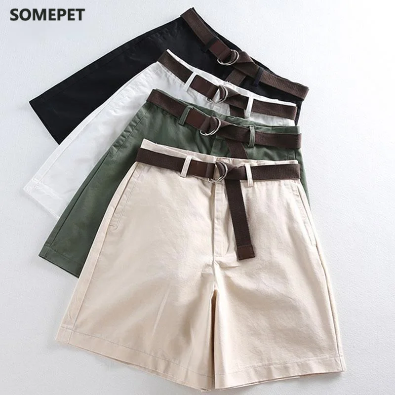 

Shorts All-match 4 Solid Color Sashes Casual Shorts Women A-line High Waist Slim Short Femme Chic S-XXL Ladies Bottom