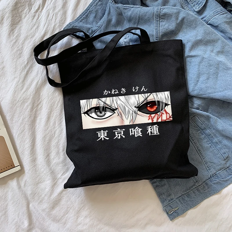 

Women Tokyo Ghou Black Cotton Canvas Shopper Bag Girl Harajuku 90s Y2K Classic Vintage Shoulder Handbag Female Bolsa Compra