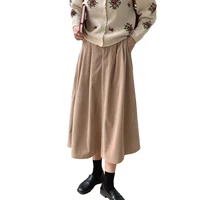 vintage corduroy pleated long skirt women elegant autumn chic high waist cozy korean fashion 2021 winter a line black midi skirt