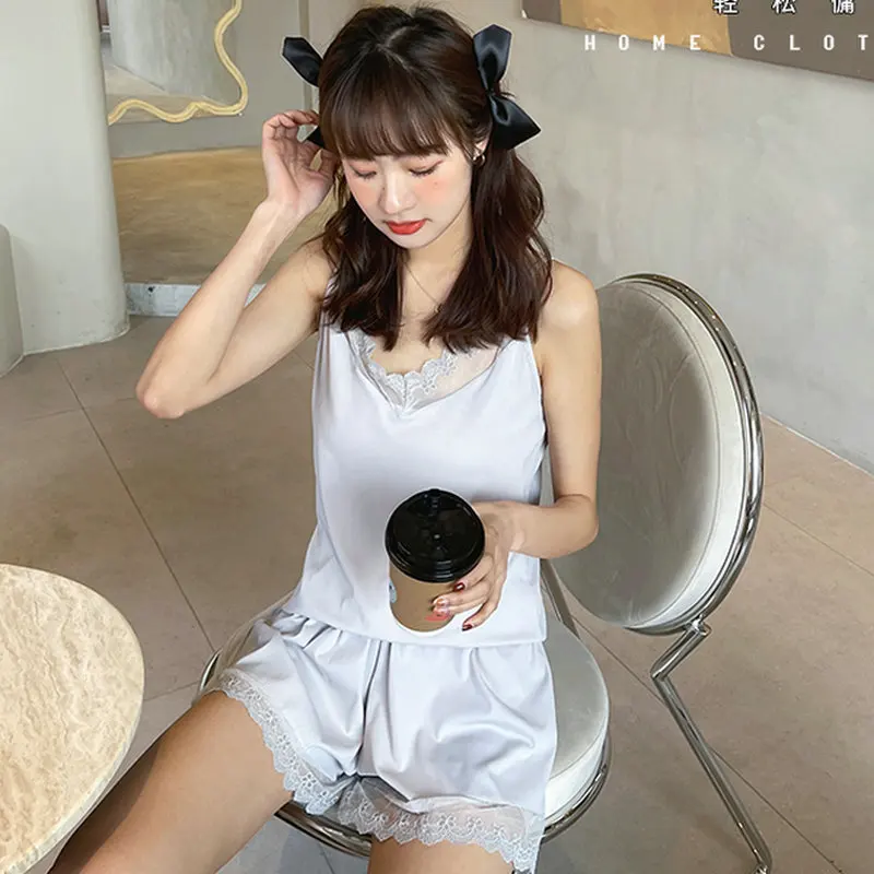 

Summer Women Cozy 2PCS Pajama Sets Black Gray Khaki Cami Top And Short Twinset Lace Contrast Rib-Knit Fabric Sleeping Clothes