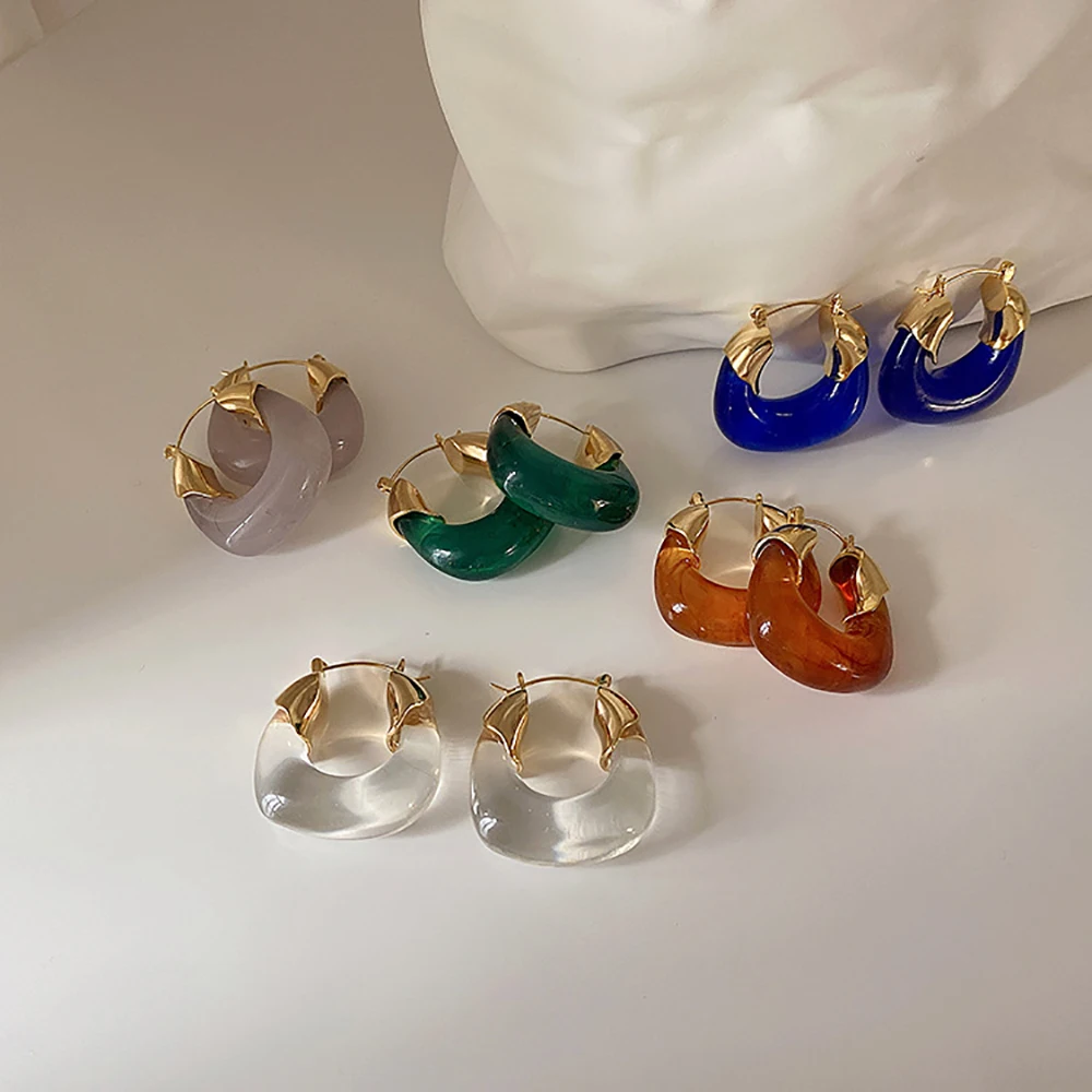 

Ghidbk Trendy Colorful Transparent Resin Hoop Earrings For Women Geometric Round Circle Gold Color Copper Huggie Earring Jewelry