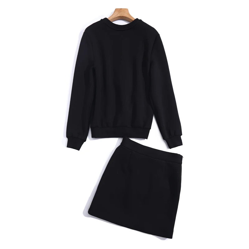 

Spring Autumn New Women'S Embroidery Print Round Neck Tops Mini Casual Half Skirt Black Space Wadding Fashion Two Piece Set