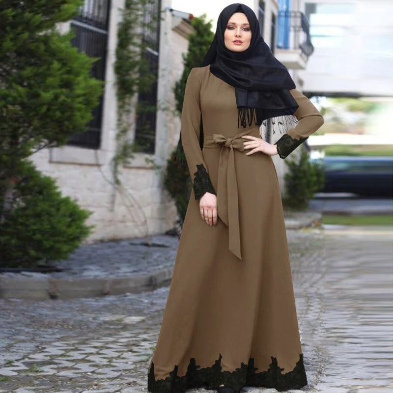 

WEPBEL Arab Dubai Muslim Dress Elegant Kaftan Plus Size Abaya Turkish Robes Long Sleeve Islamic Clothing with Belt S-5XL