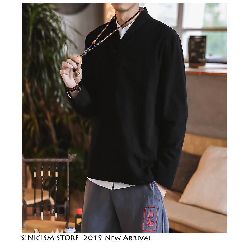 Sinicism Store мужские винтажные рубашки в китайском стиле однотонные черные свободные