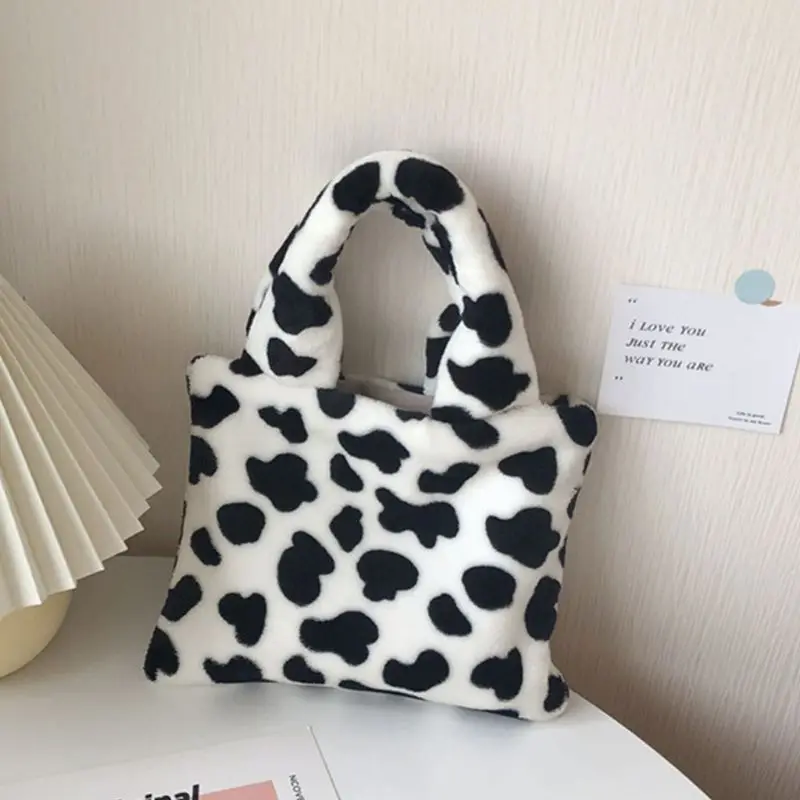 

Women Plush Handbag Cute Cow Pattern Bag Lady Girls Fashion Cartoon Shoulder Bag Female Winter Casual Travel Mini Shopping Tote