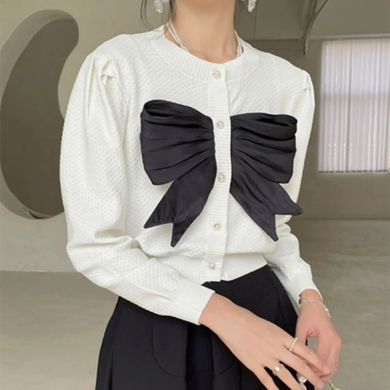 Женский однобортный Кардиган ALPHALMODA с бантом длинными рукавами буфами на весну 2022