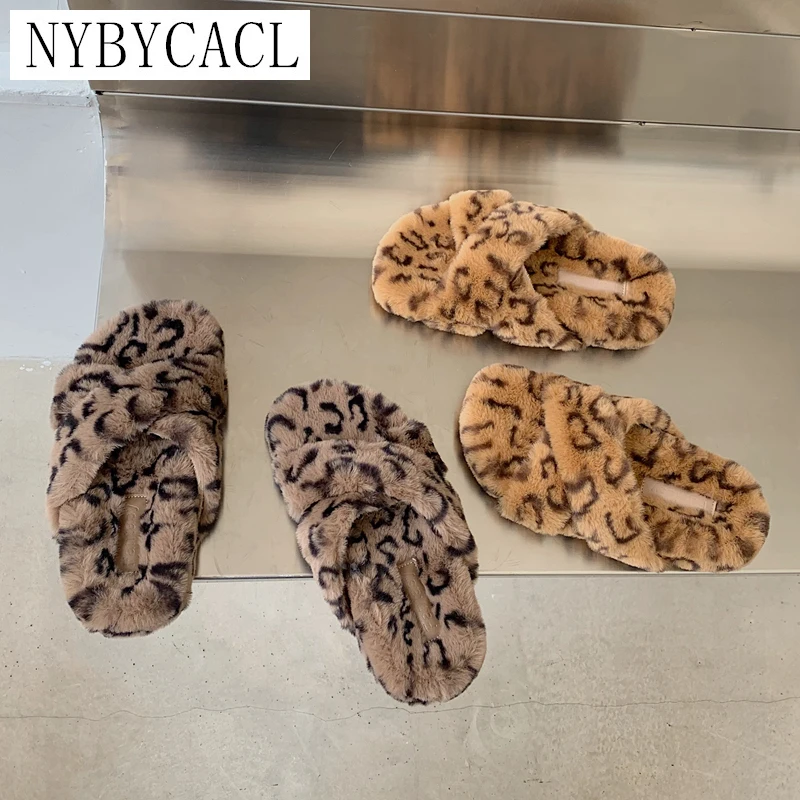 

2022 Winter Women Fur Slippers Fashion Leopard Real Fur Flip Flop Flat Furry Fur Slides Warm Plush Casual Outdoor indoor Sand