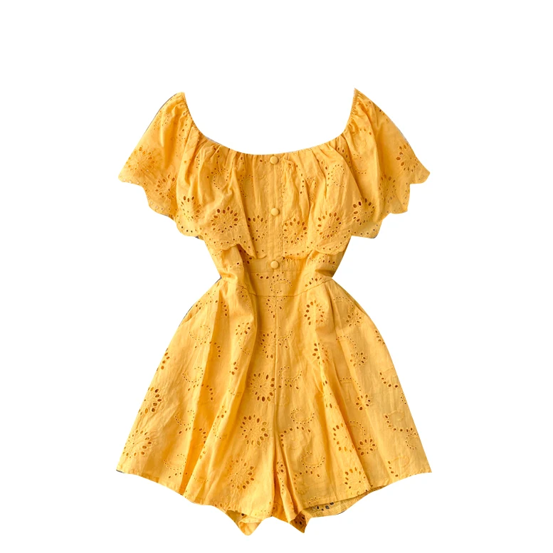 

SINGRAIN Sexy Slash Neck Women Jumpsuits 2020 New Sweet Ruffles Hollow Solid Rompers Summer Fashion Wide Leg Short Rompers