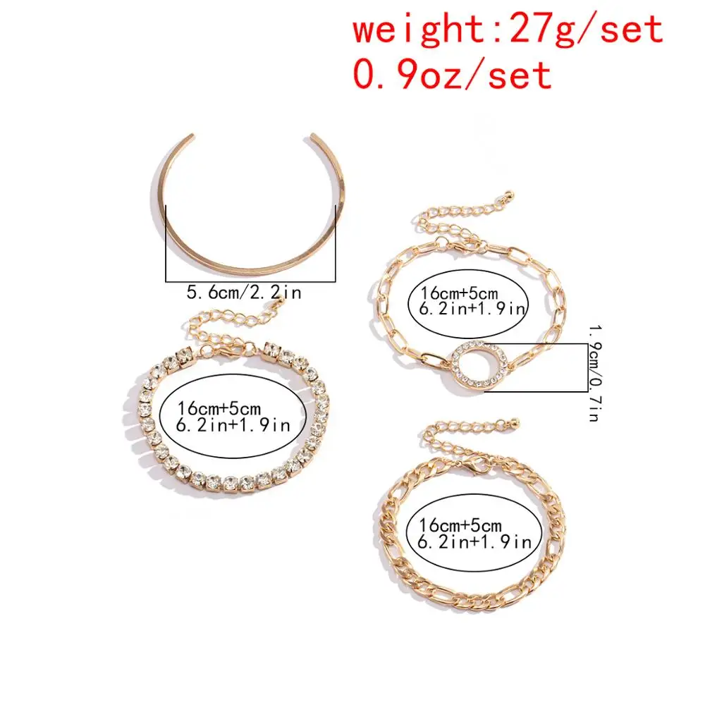 

Lacteo 4 pcs/set Fashion Shiny Rhinestone Chain Open Cuff Bangle Bracelet for Women SteamPunk Alloy Cross Chain Charm Bracelet