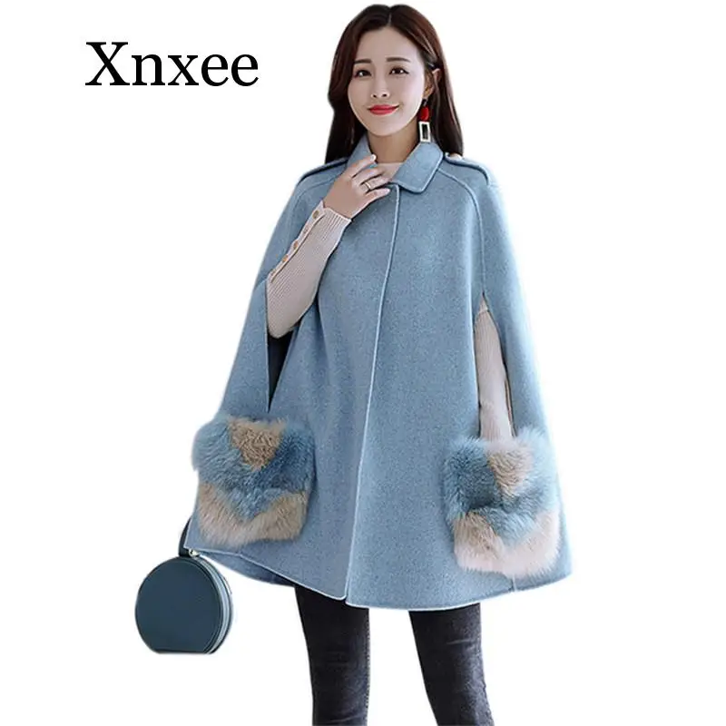 Женское шерстяное пальто-накидка с отложным воротником элегантное пончо и