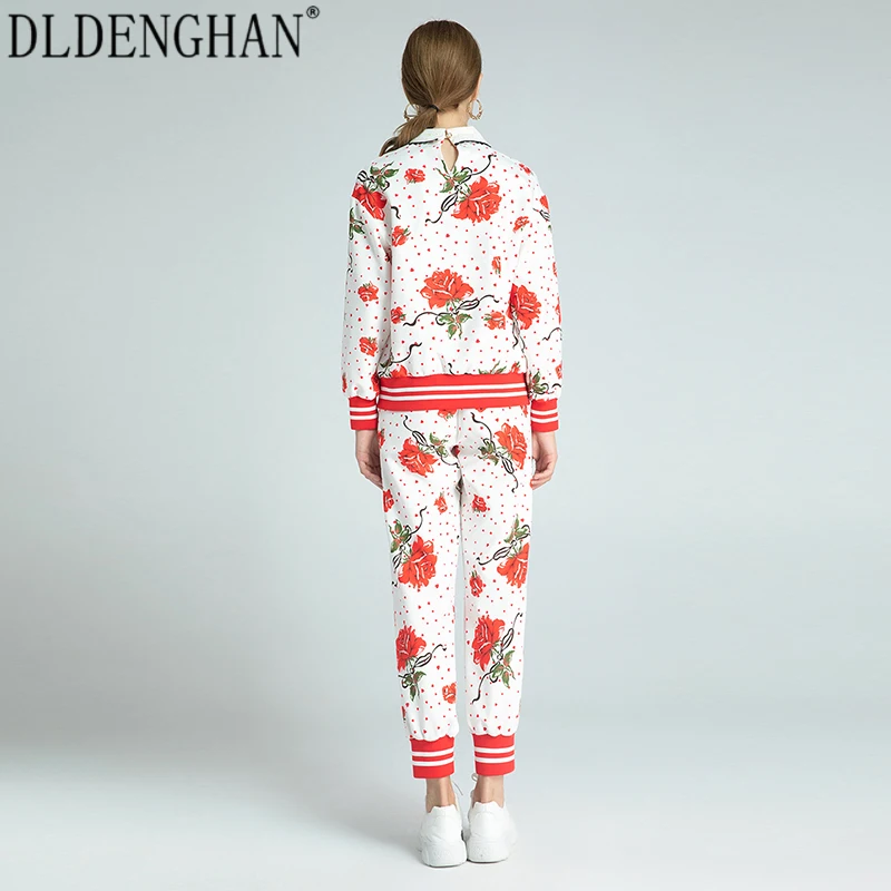 

DLDENGHAN Fashion Dot Print Set Beading Long Sleeve Tops + Pencil Pants Casual Two-Piece Sets Designer Autumn New