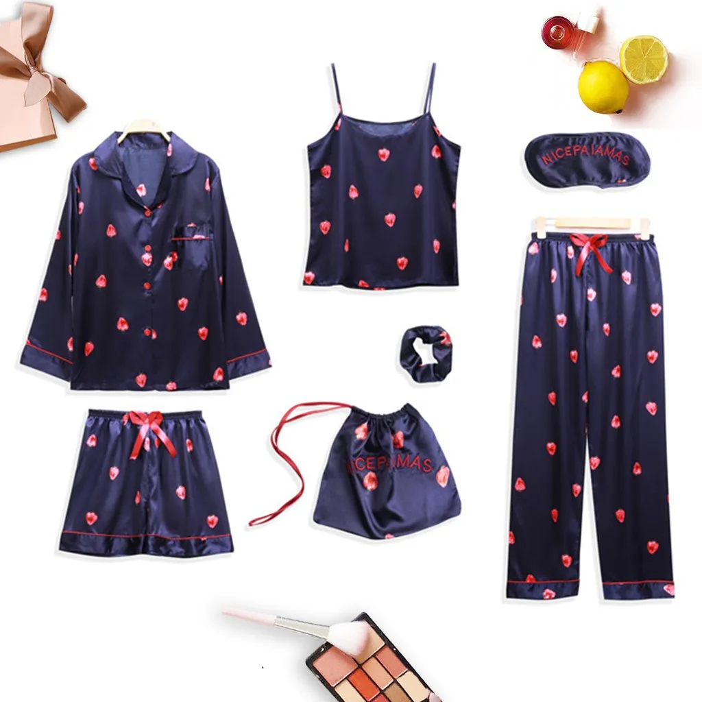 

7PC Hot Sales Spring Women's Sleepwear Cute Silk Women Print Bow Pajama Sleepwear Set Sleep Suits Soft Nightwear Gift Home Cloth