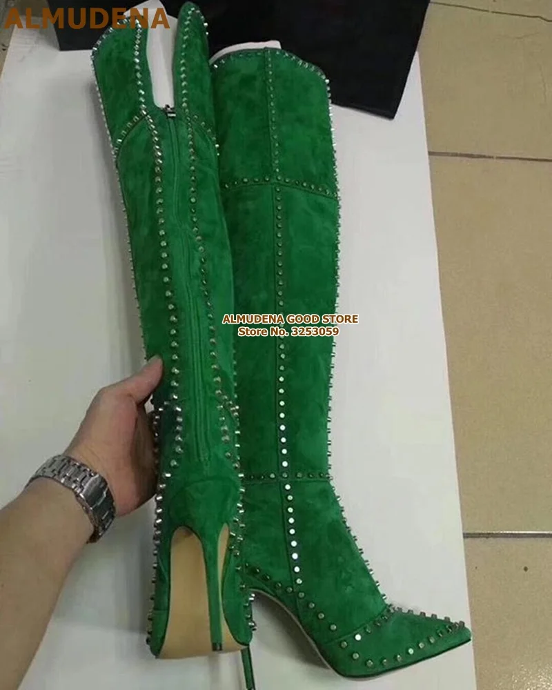 ALMUDENA Silver Studded Over Knee Long Boots Sexy Stiletto Heels Pointed Toe Thigh Metallic Punk Rivets Tall Size47 | Обувь