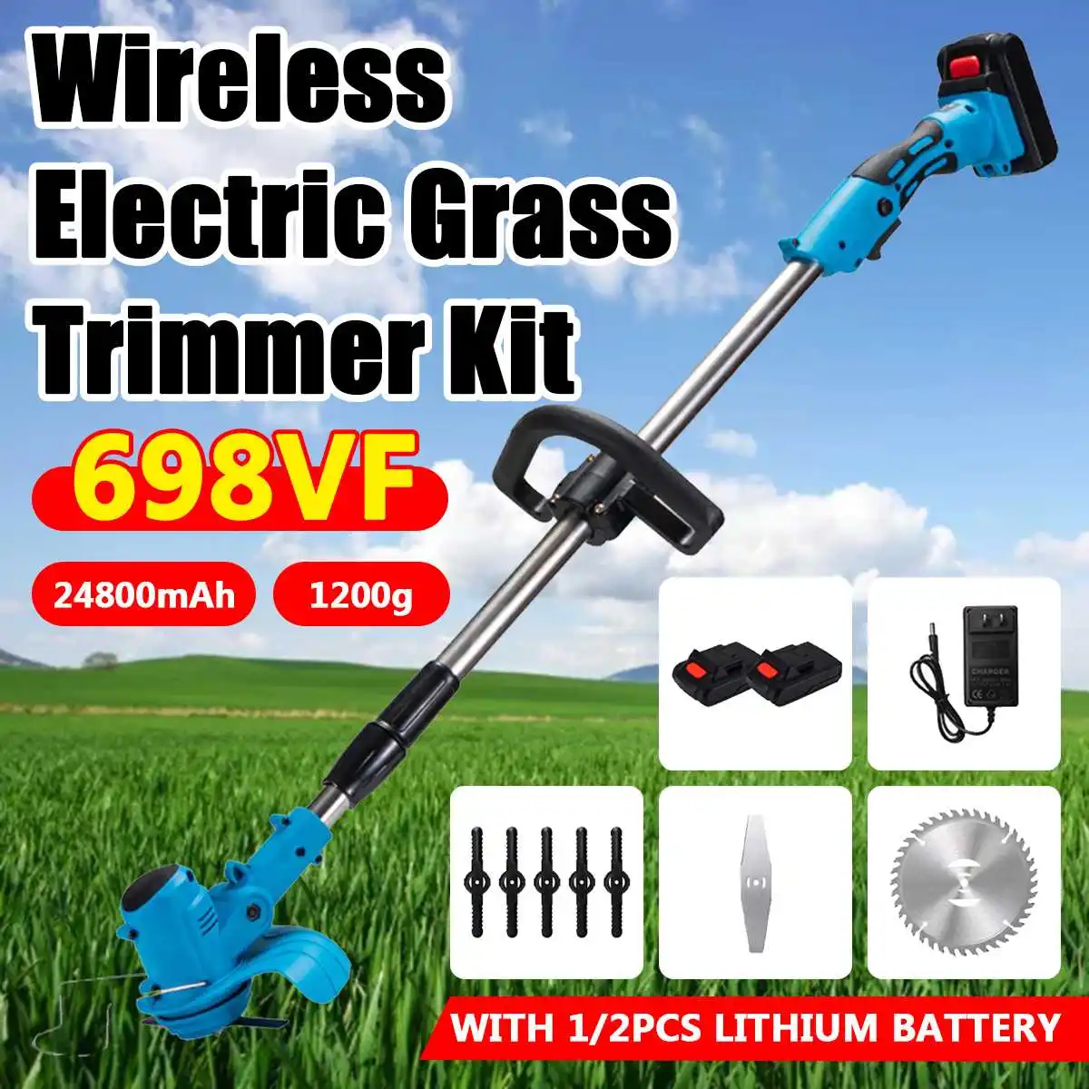 698VF Electric Lawn Mower Cordless Hedge Grass Trimmer Adjustable Handheld Mowing Machine Garden Power Tool With 2 Battery