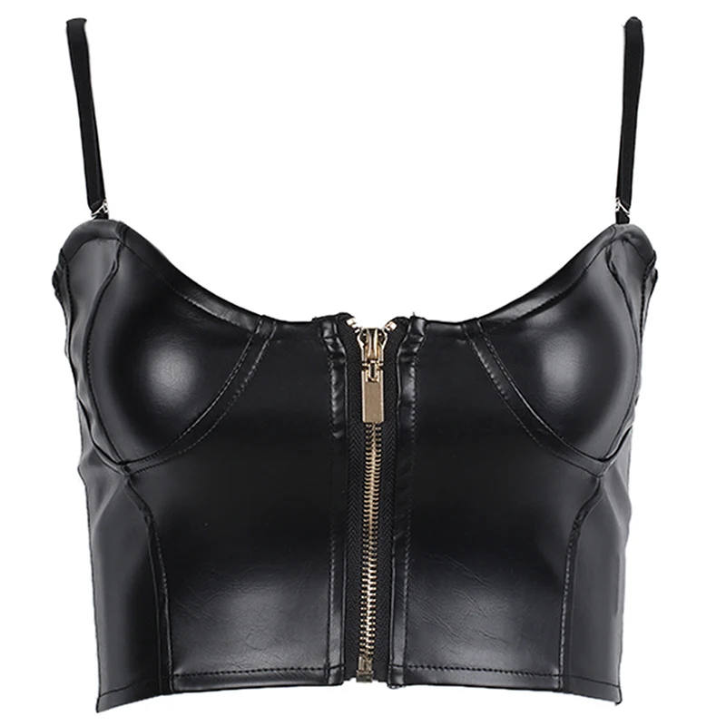 

Black PU Leather Zipper Camis Top 2021 Women Slim Cropped Top Fashion Sleeveless Party Sexy Camisole New Arrival