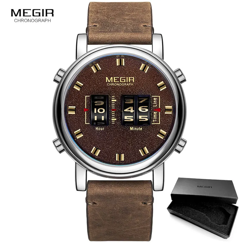 ML2137G-Brown Silver MEGIR новые часы с верхним ремешком Мужские Военные Спортивные коричневые кожаные кварцевые наручные часы Роскошные барабанные роликовые часы relogio masculino 2137 - Цвет: ML2137G-Brown Silver