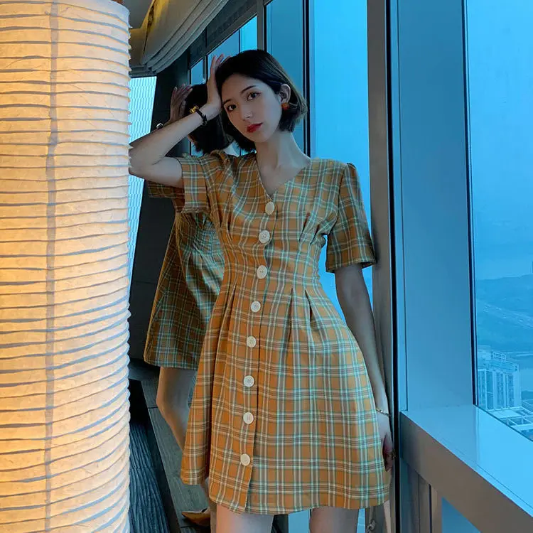 

Red Plaid Dress Summer V-neck Retro Skirt Girl's Skirt Woman Dress Vestido De Mujer Femme Robe