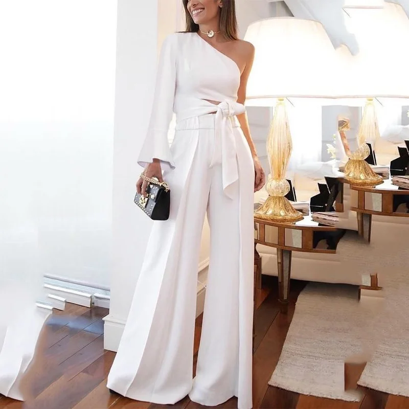 

Women Jumpsuits White One Shoulder Full Sleeve Long Pants High Waist Bell Bottom Trousers Elegant For Work Office Jumpsuits Hot