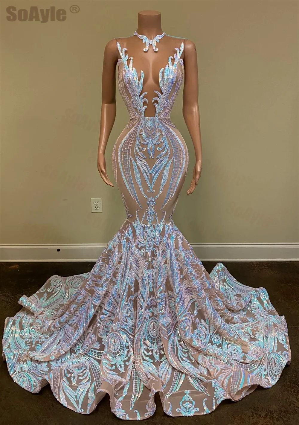 

SoAyle African Sequin Prom Party Dresses Sexy Sheer Deep V-Neck Long Prom Dress 2020 Blue Mermaid Women Prom Dress