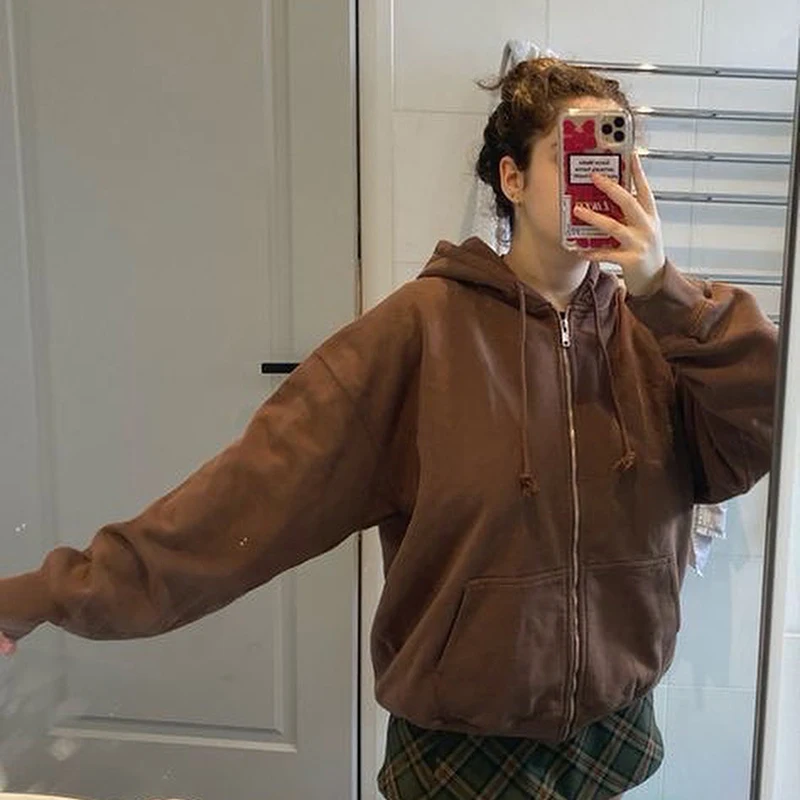 

Autumn Casual Oversized Sweat Jacket Women Fashion Brown Hooded Coat Ladies Zipper Loose Streetwear Overcoat Winter