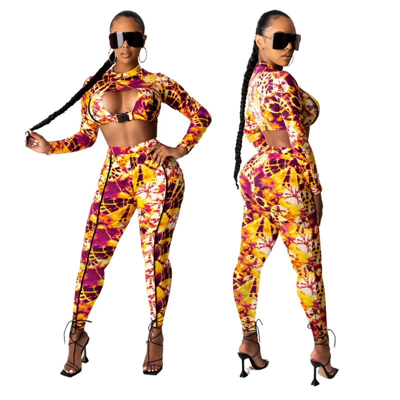 

Color Block Spliced Sporty Two Piece Tracksuit Women Hollow Out Long Sleeve Crop Top and Skinny Long Pant Activewear Fitness Set