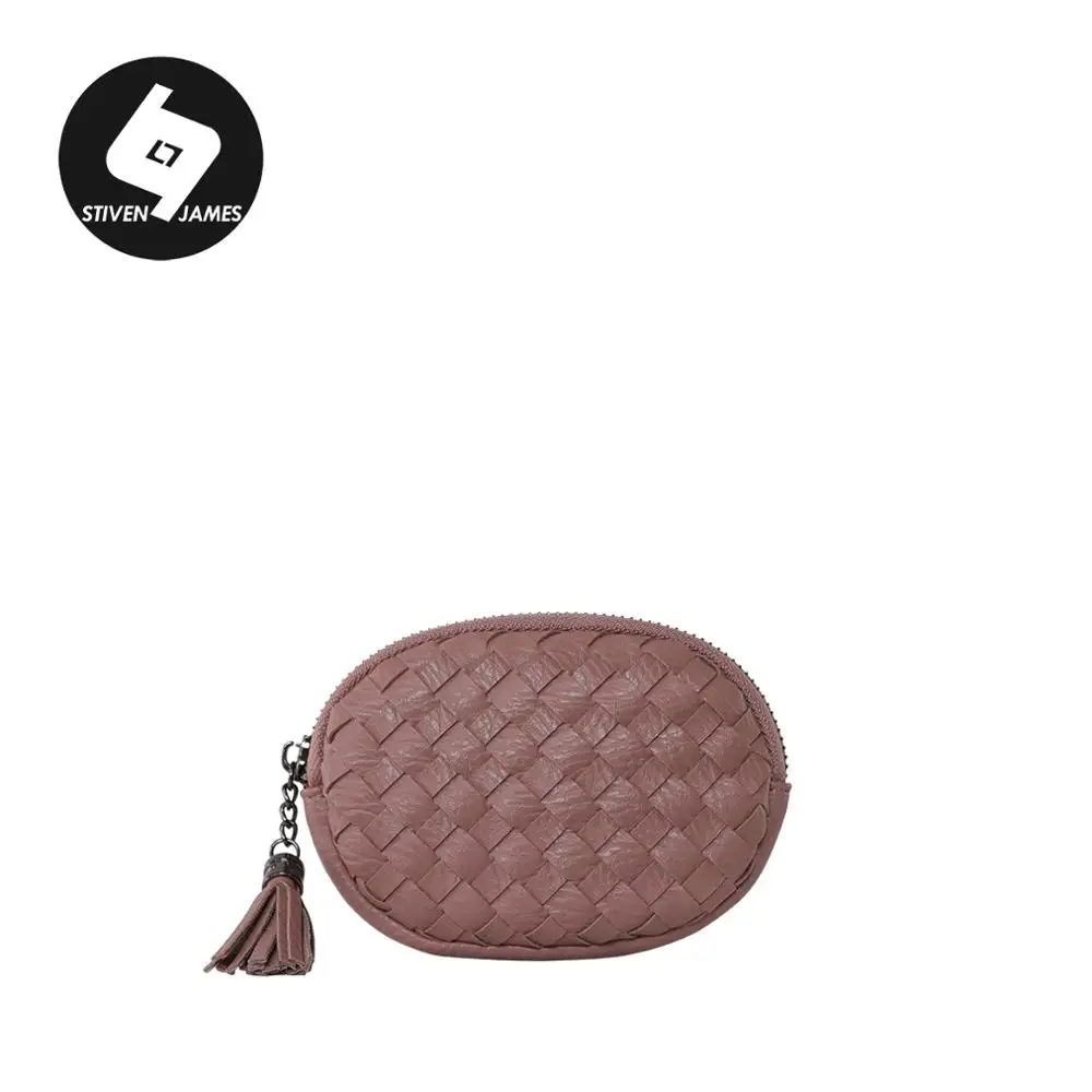 Dusty pink STIVEN JAMES, ручные тканые кошельки для мелочи из искусственной кожи, кошельки для монет, кошелек для монет, Женский мини кошелек с кисточками, сумка для смены на молнии, овальная - Цвет: Dusty pink