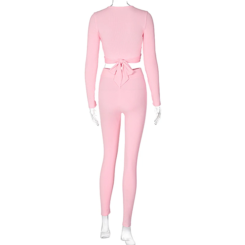 

Hugcitar 2020 Long Sleeve Wrapped Bandage Crop Top Leggings 2 Piece Set Autumn Winter Women Fashion Streetwear Strethcy Tracksui
