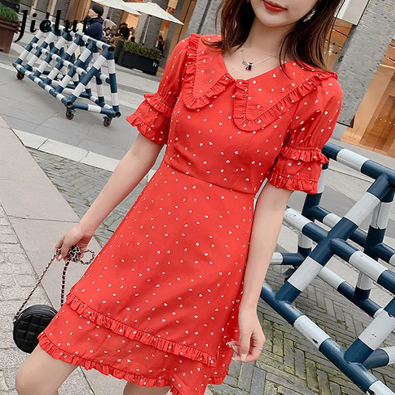Jielur Summer Dress Women New Elegant Slim Casual Printed Peter Pan Collar Ruffles Flare Dresses Korean Style Vintage Sukienki | Женская