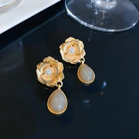 oliraft 2021 retro simple design camellia earrings stereoscopic flower vintage water drop artificial opal earrings for women