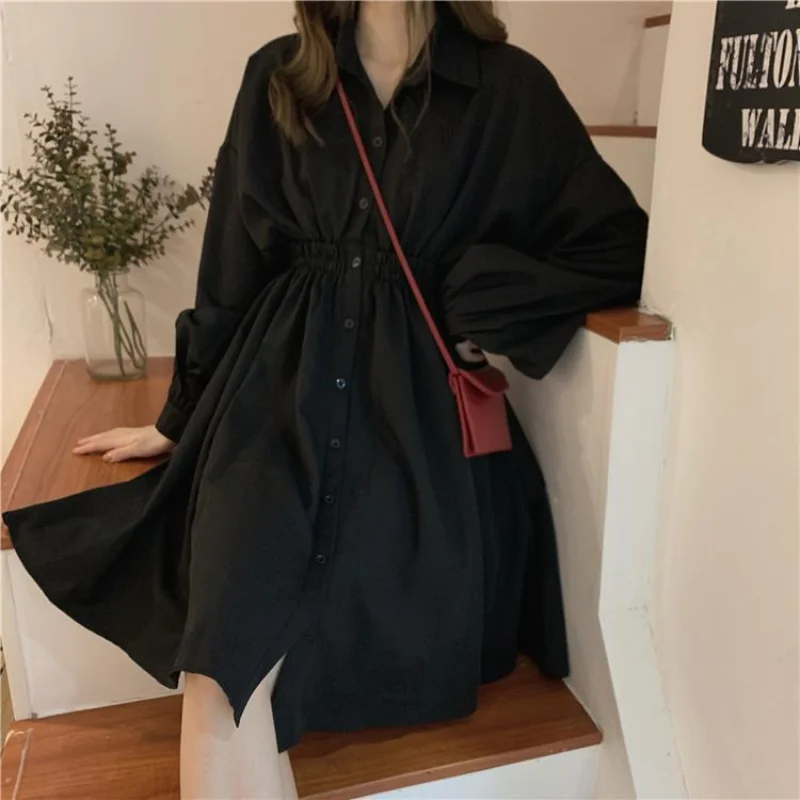 

Women Dress Black Elegant Casual Loose Long Sleeve Dresses Preppy Style Sweet Streetwear Spring Autumn Turn-down Robe