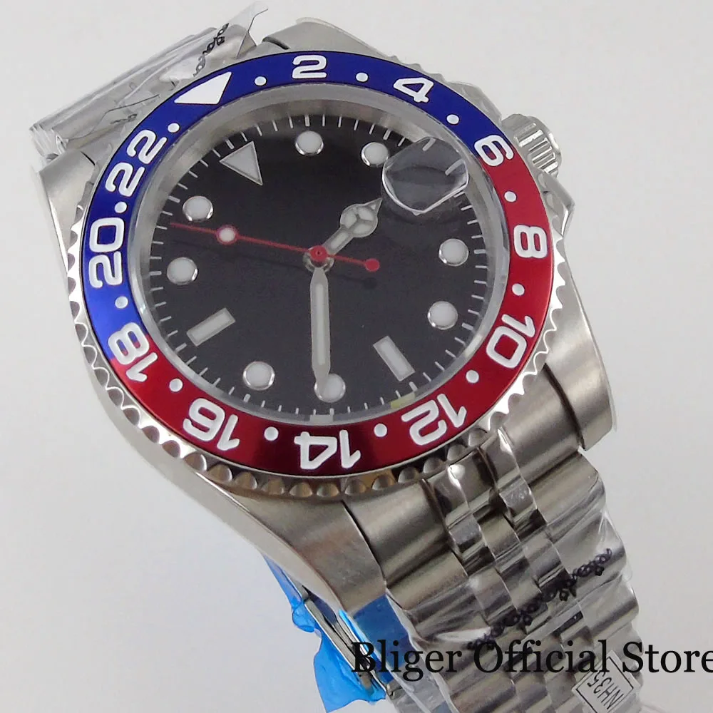 

BLIGER Red Second Hand Japan 24 Jewels NH35A Movement SUB Self Winding Men Watch Jubilee Steel Bracelet Alloy Slope Insert