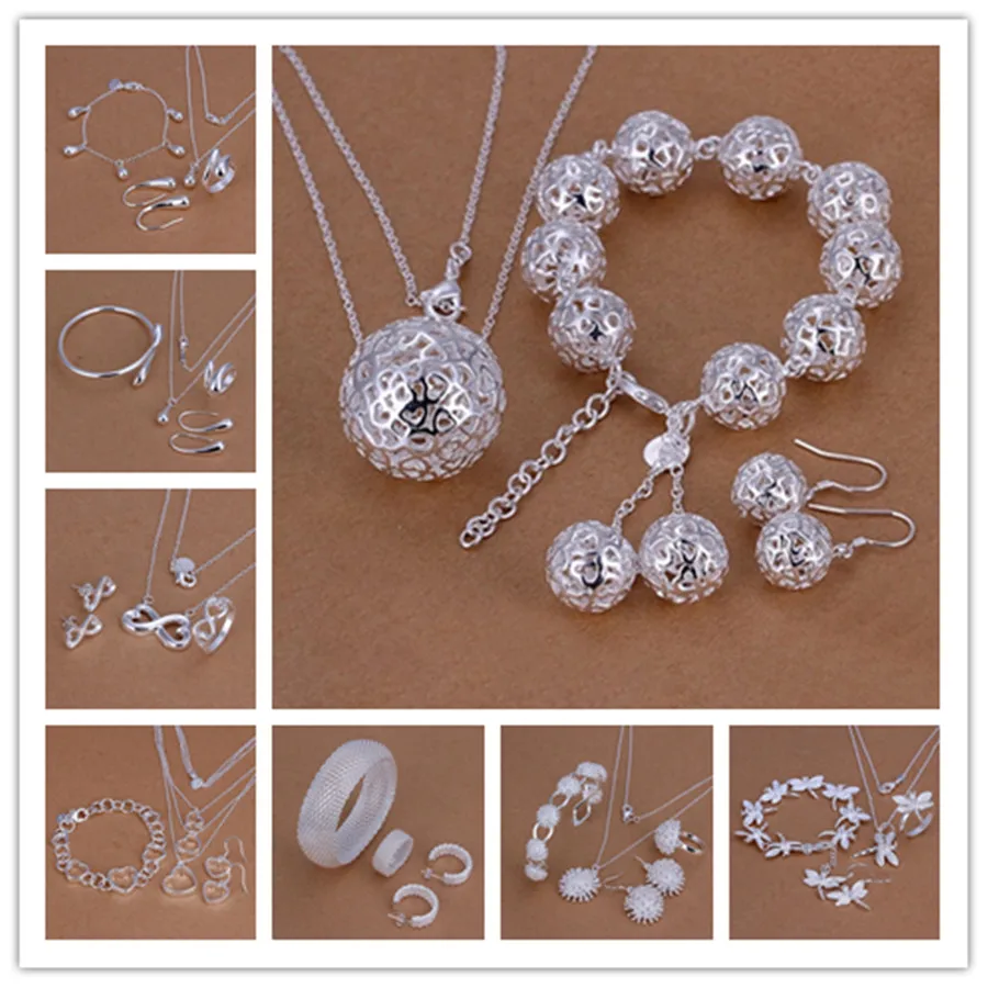 

16p Free Shipping 925 Silver Necklace Pendant Earrings Bracelets Jewelry Set Chain Fashion Silver Women Mens Wedding