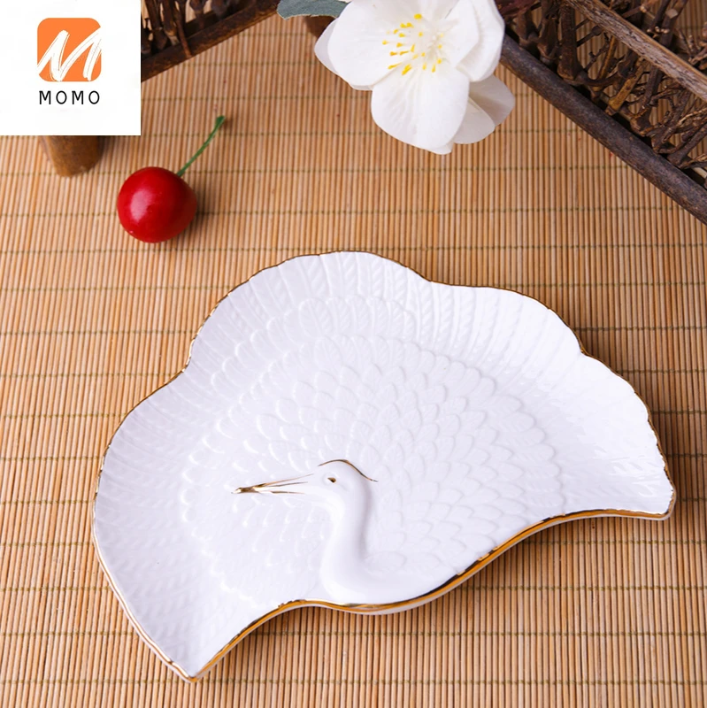 

Cooking Cutlery Crane Shape Sushi Plate Retro Golden Edged Ceramic Baking Dish Jukehouse Sushi Dish