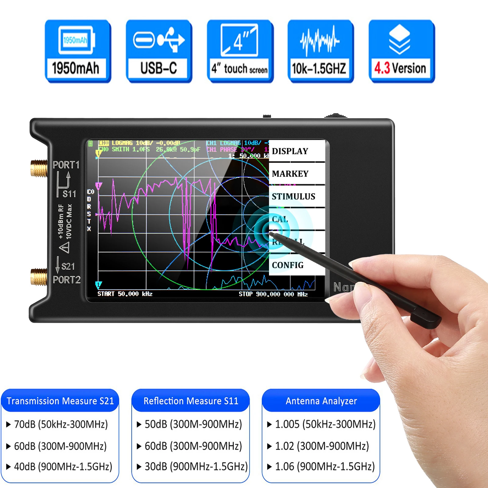 2022 Brand New 10k-1.5GHz NanoVNA-H4 hugen 4inch Vector Network Analyzer HF VHF UHF Antenna V4.3 with SD Card Slot |