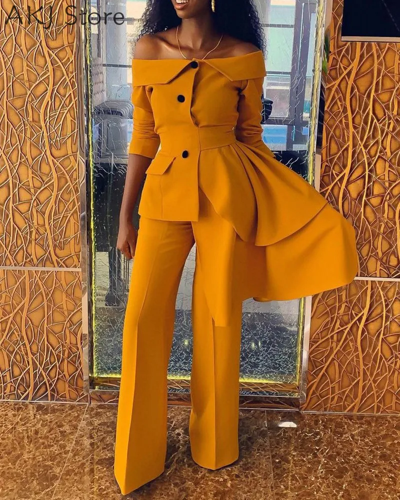 

Women Off Shoulder Ruffles Asymmetrical Jacket Coat & Pants 2 Piece Set