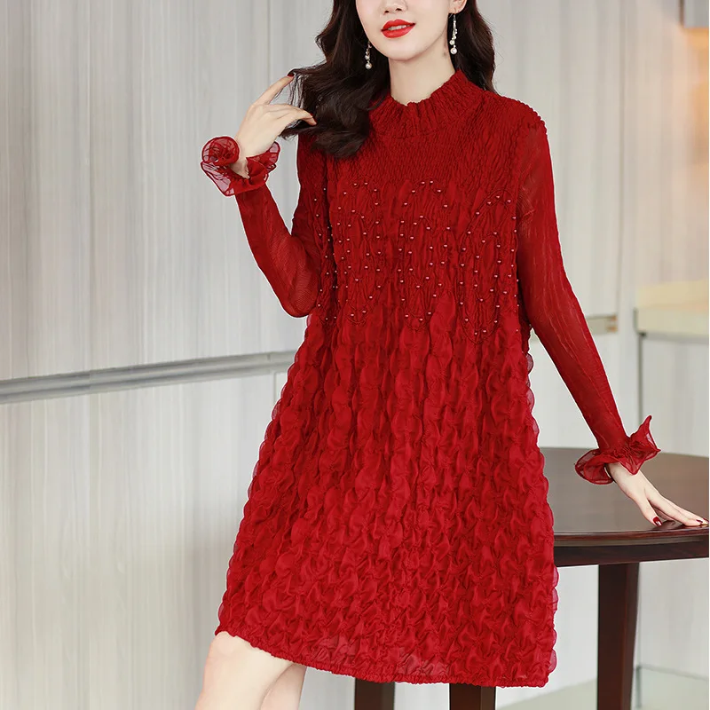 

Plus Size Dress For Women 45-75kg 2022 Spring Autumn New Fashion Beading Long Sleeve Loose Women's Clothing Above The Knees