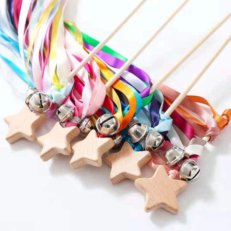 

Rainbow Hand Bells Kite Ribbon Streamer Wand with Jingle Bells Montessori Sensory Rainbow Ribbon Baby Rattle Educational Toy