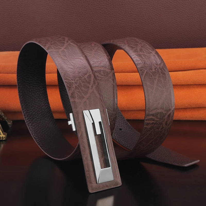 

3.3CM Slide Metal Buckle Leather Belt For Men High Quality Retro Male Waistband Leisure Ceinture Homme