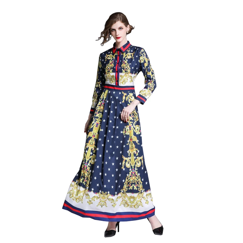

2021 New Designer Runway Woman Fashion Robe Stars Floral Print Long Sleeve Ladies Elegant Party Casual A-Line Maxi Beach Dress