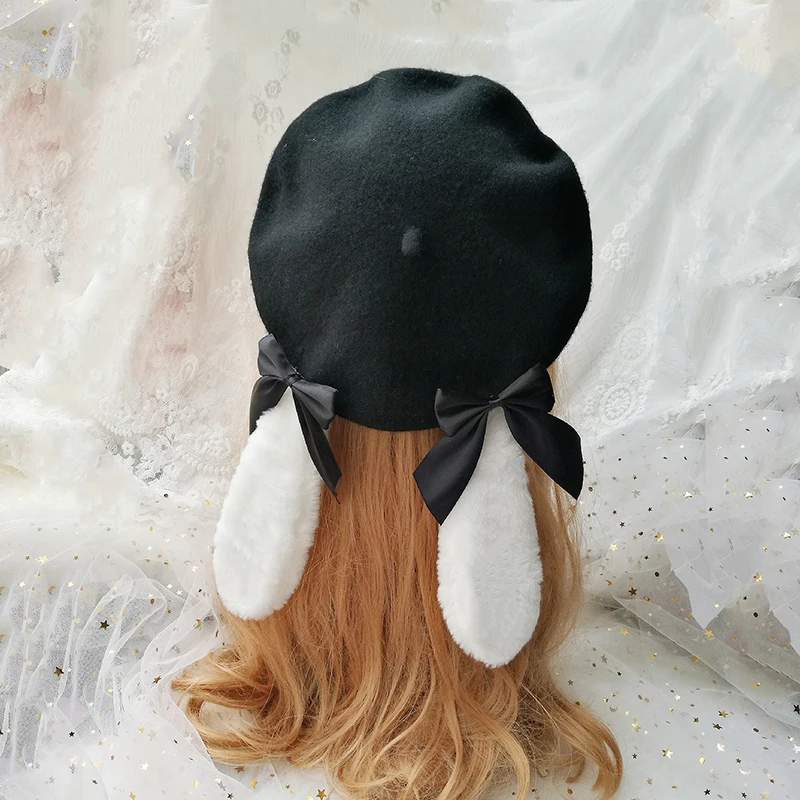 

Sweet Lolita Cute Plush Rabbit Ear Bow Beret Lovely Japanese Mori Girl Vintage Painter Hat Pumpkin Cap Flat Cap Winter Autumn