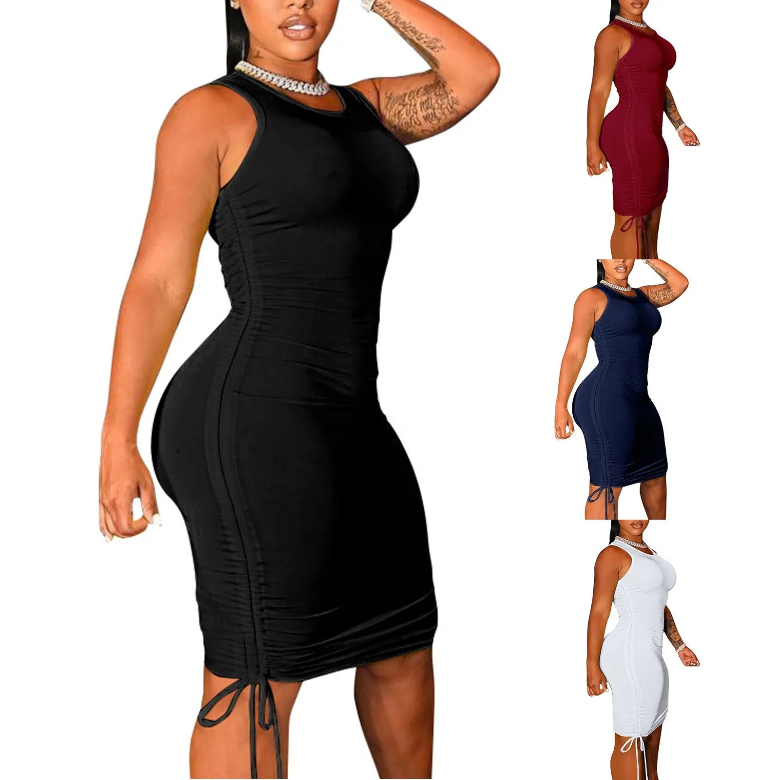 

Sexy Women Sleeveless Bodycon Dress Summer Fashion O Neck Push Up Hip Skinny Mini Sundress Ladies Solid Dress 2021
