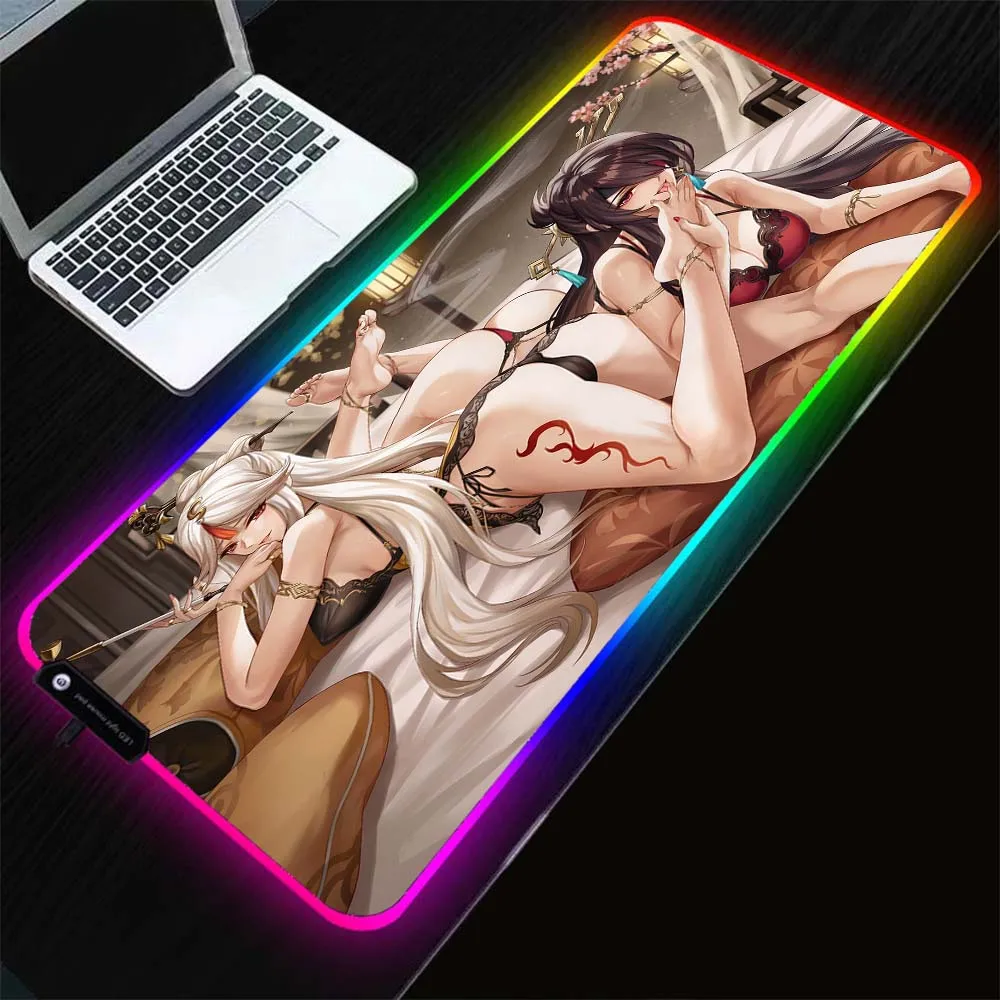 XGZ Anime Sexy Girl Large Mouse Pad RGB Laptops PC Gaming Gamer Desktop Glowing LED with USB Gaming Accessories Mouse Mat Desks