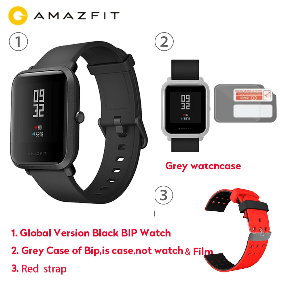 Grey Case RedStrap Официальные Смарт-часы Amazfit Bip, gps, умные часы, 45 дней в режиме ожидания, монитор сердечного ритма, будильник, вибрация, IP68, водонепроницаемые, напоминание о звонках - Цвет: Grey Case RedStrap