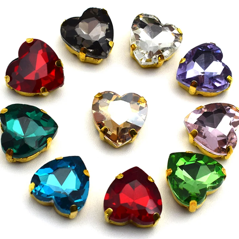 Хрустальные стразы в форме сердца с плоским основанием для шитья золотым когтем
