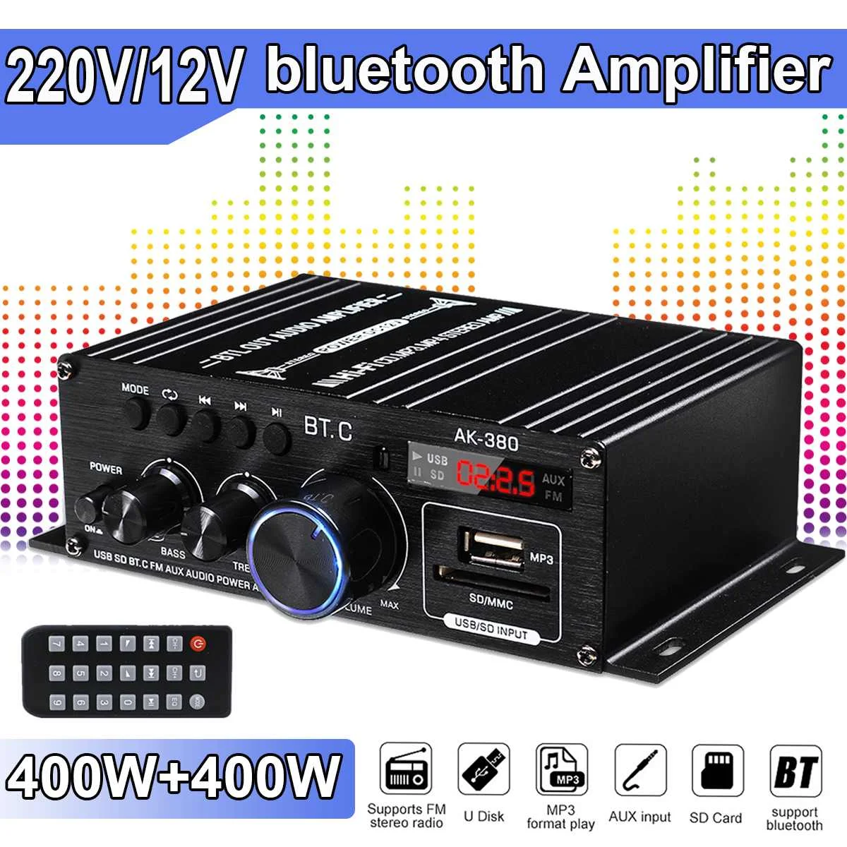 

AK380/AK370 800W Hifi Power Amplifier Audio Home Theater Amplifier BASS 2 Channel bluetooth Class D FM Amplifiers USB/SD AUX