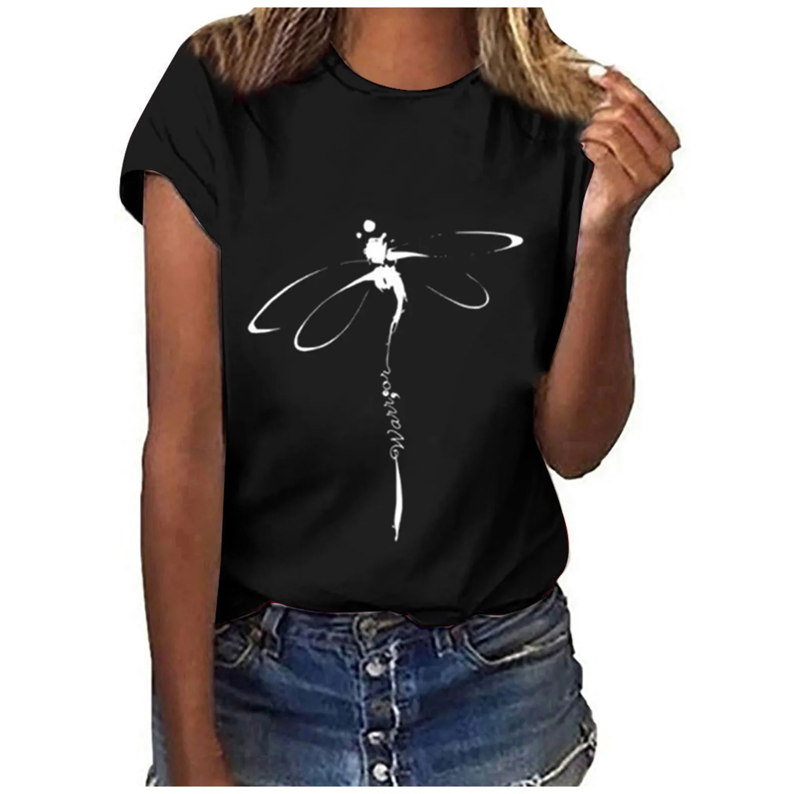 

Summer Dragonfly Print Lady Casual T Shirt Tops Harajuku Streetwear Short Sleeve O-Neck Tees Shirt Black Plus Size T-shirt Women